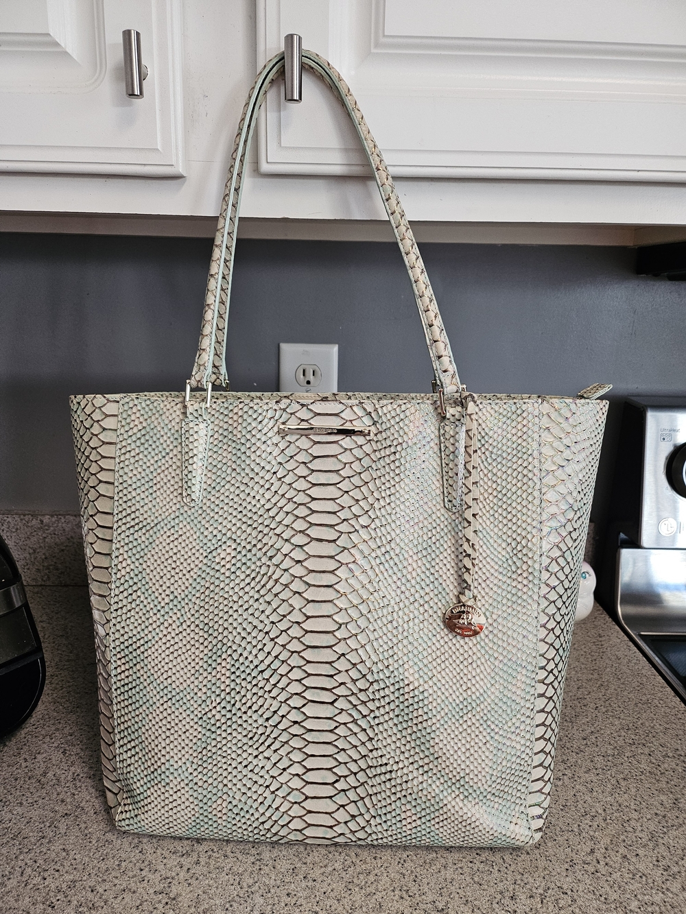 Brahmin Cream and Mint Snake-Embossed Tote